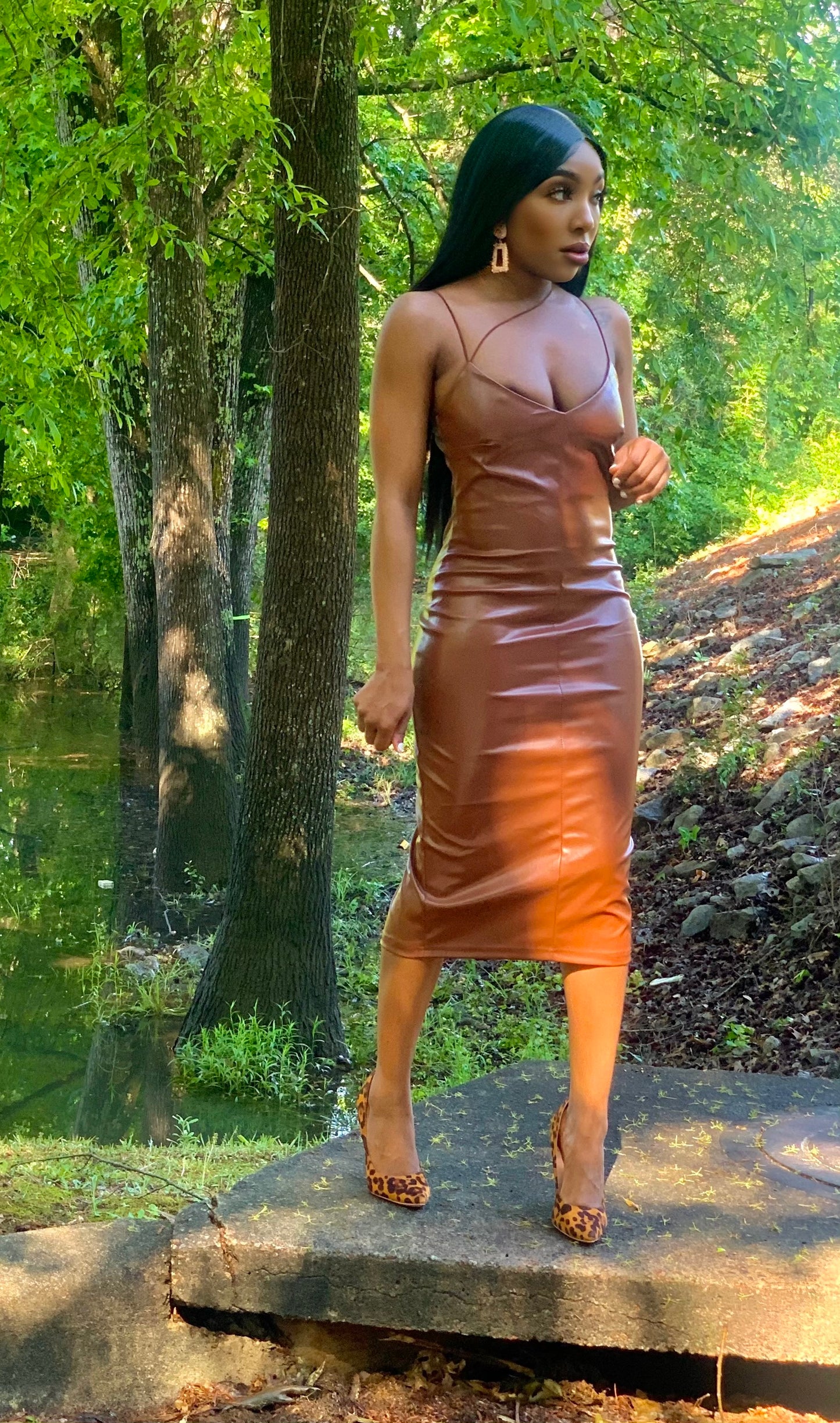 All For Looks Faux Leather Midi Dress - Brown